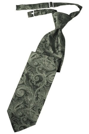 Dark green necktie with an ornate paisley pattern and a matching tie bar at the top left edge.