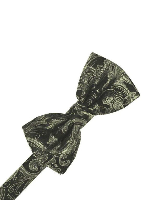 Black bow tie with gold paisley pattern on a white background about to be tied