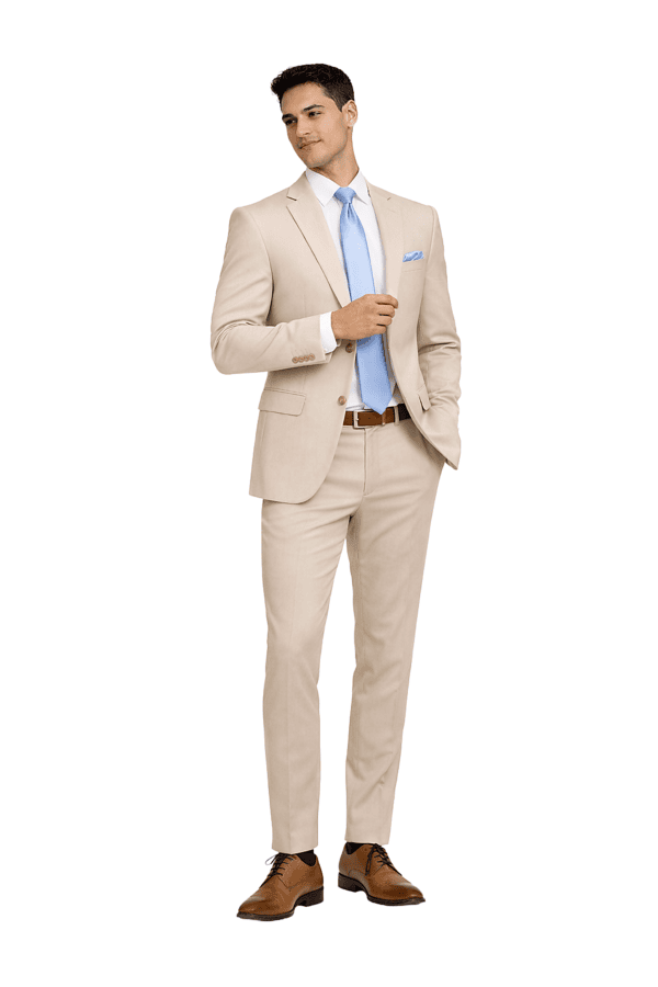 man modeling tan suit rental