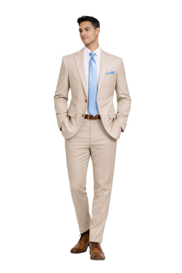 man modeling tan suit rental