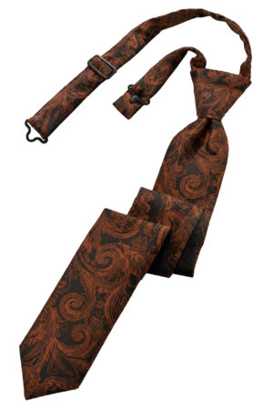 Brown paisley-patterned necktie with an adjustable strap and buckles, laid out diagonally.