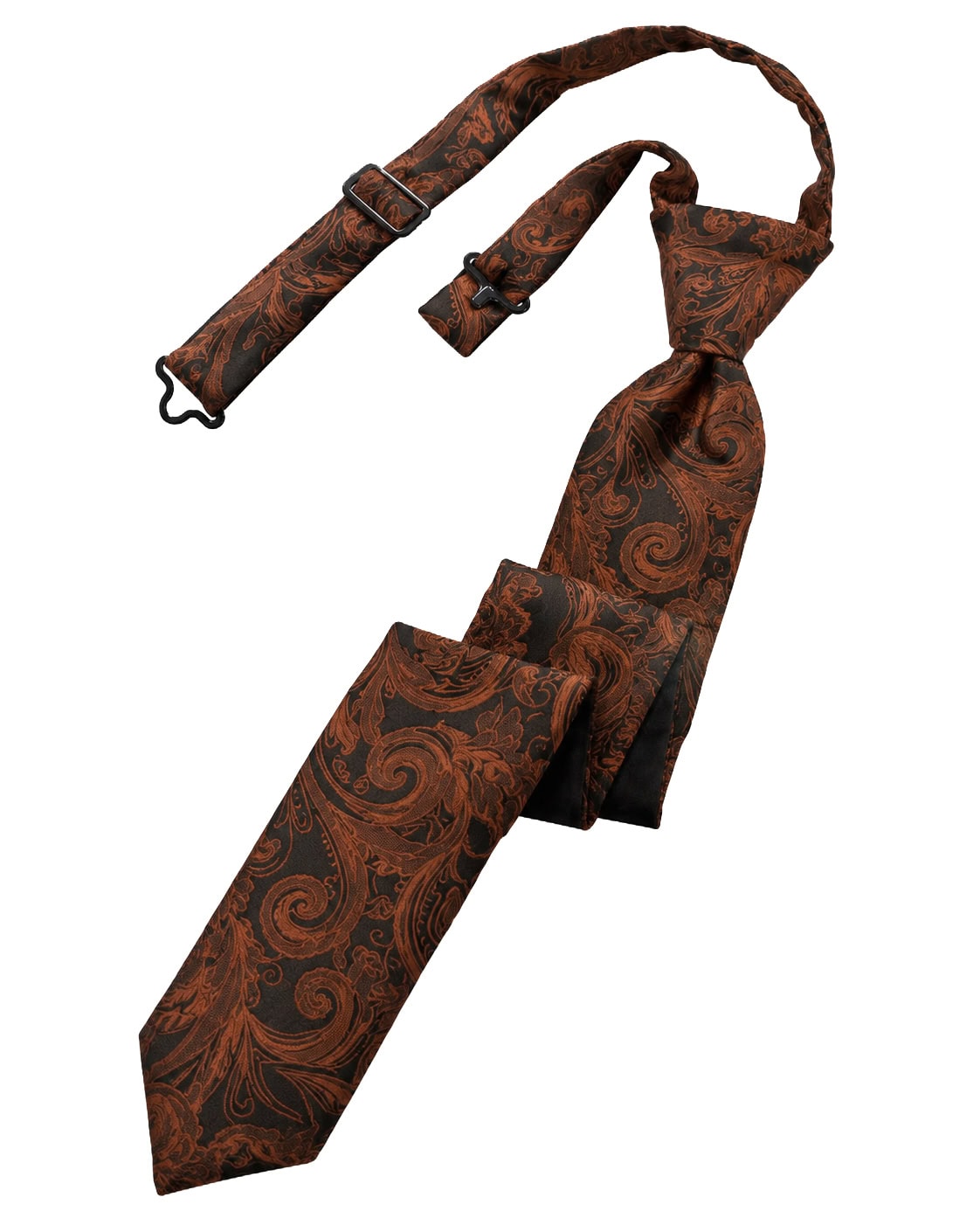 Brown paisley-patterned necktie with an adjustable strap and buckles, laid out diagonally.
