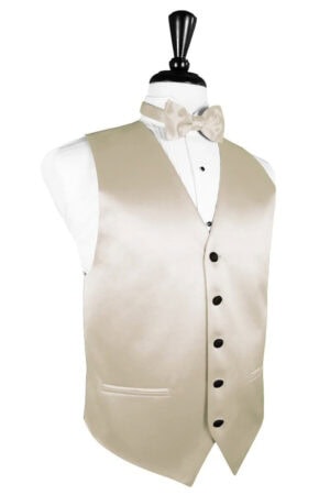 Beige satin men's vest with a matching bow tie on a white dress shirt displayed on a mannequin bust.