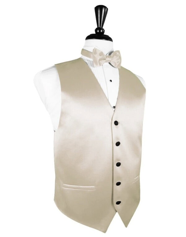 Beige satin men's vest with a matching bow tie on a white dress shirt displayed on a mannequin bust.