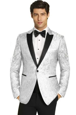 a man wearing a white paisley tuxedo rental