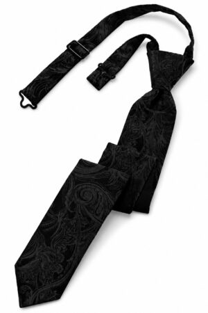 Black paisley-patterned necktie with an adjustable strap attached, laid out on a white background.