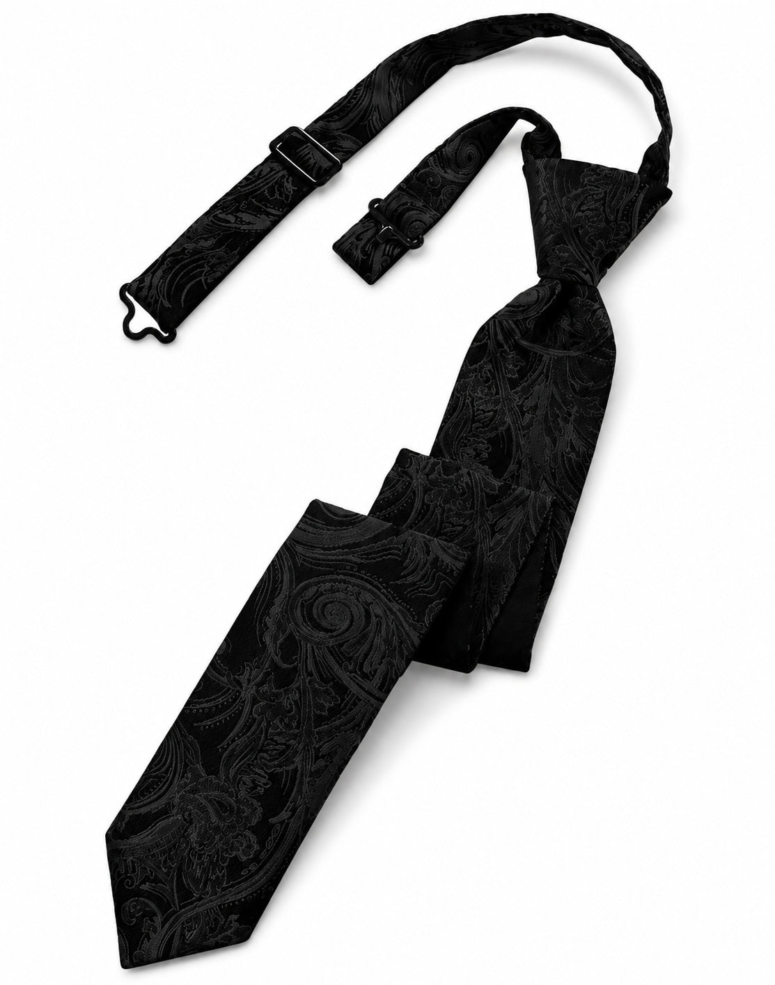 Black paisley-patterned necktie with an adjustable strap attached, laid out on a white background.