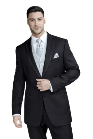 A model wears the black infinity tuxedo with platinum accessories.
