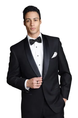 A model wears the black infinity tuxedo with platinum accessories.