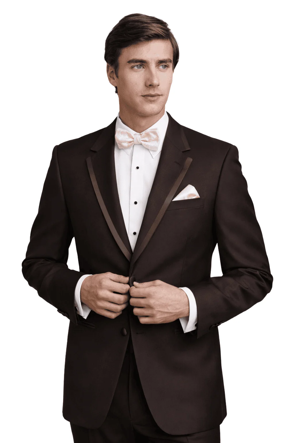 A young man wears the chocolate brown edge tuxedo package.