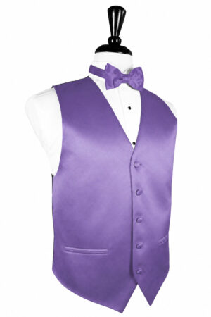 Purple gradient waistcoat with matching bow tie on a white dress shirt displayed on a mannequin.