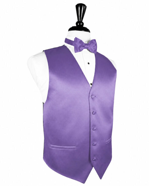 Purple gradient waistcoat with matching bow tie on a white dress shirt displayed on a mannequin.