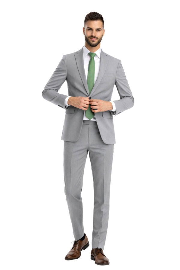 heather grey suit on model