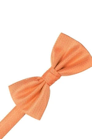Orange bow tie with a chevron pattern tied in a knot on a white background.
