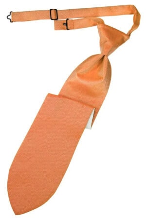Orange patterned necktie with an adjustable strap and buckles attached.