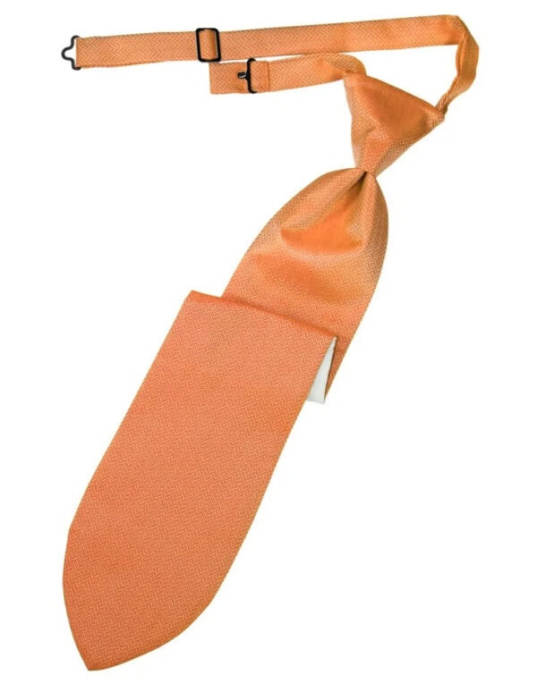 Orange patterned necktie with an adjustable strap and buckles attached.