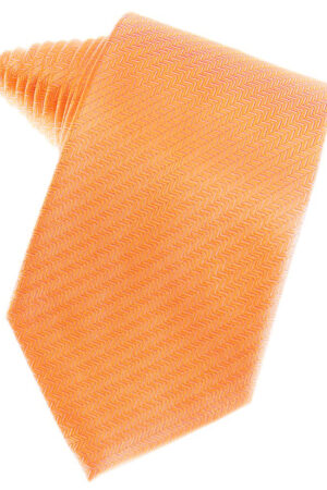 Orange necktie with a zigzag chevron pattern laid flat on a white background. This close-up highlights the fabric weave and color.