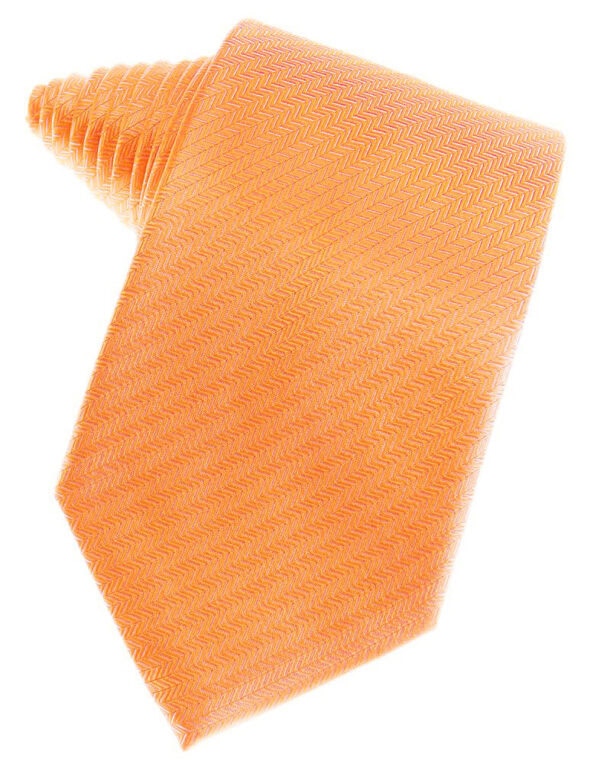 Orange necktie with a zigzag chevron pattern laid flat on a white background. This close-up highlights the fabric weave and color.