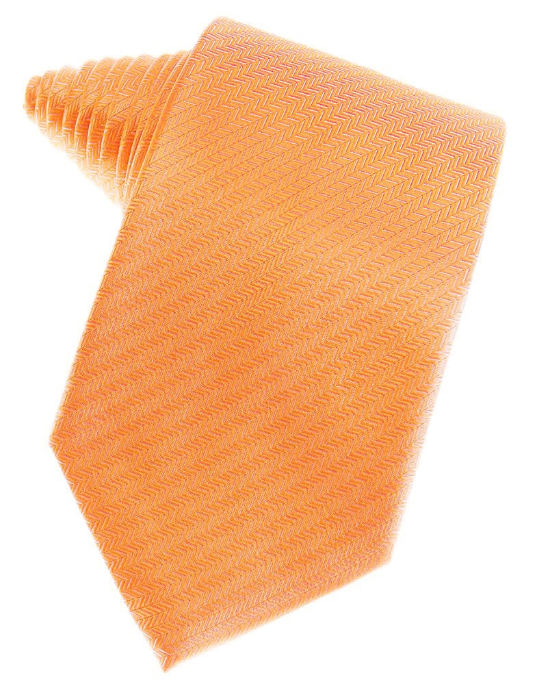 Orange necktie with a zigzag chevron pattern laid flat on a white background. This close-up highlights the fabric weave and color.