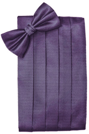 Purple herringbone-pattern necktie neatly folded with a knot at the top-left corner.