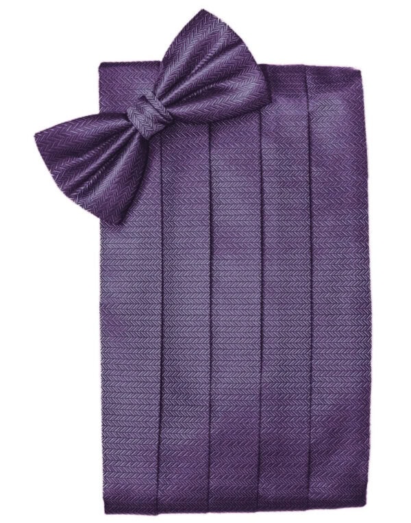 Purple herringbone-pattern necktie neatly folded with a knot at the top-left corner.