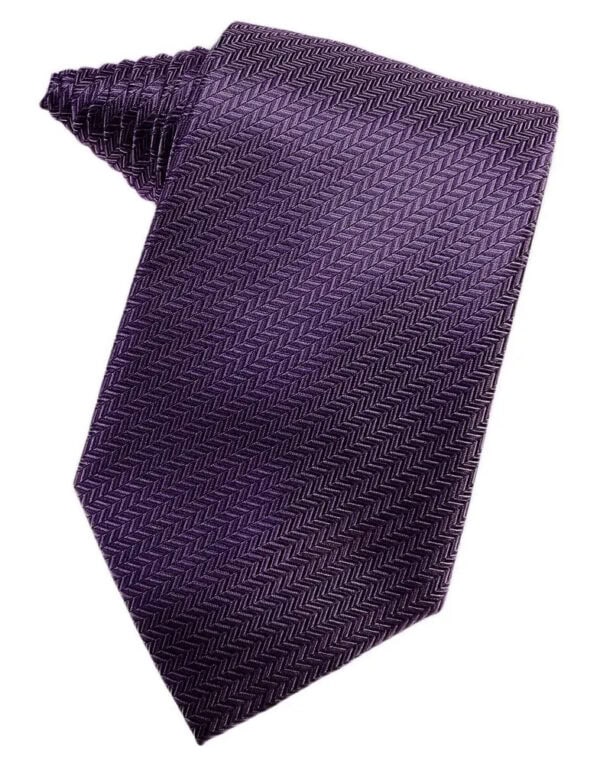 Purple necktie with a subtle herringbone weave laid flat.