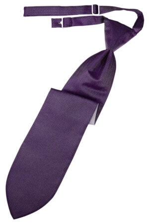 Purple patterned necktie with a knot and adjustable strap against a white background.