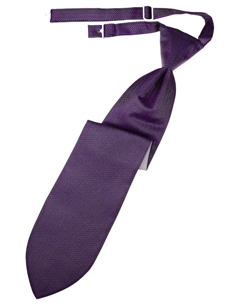 Purple patterned necktie with a knot and adjustable strap against a white background.