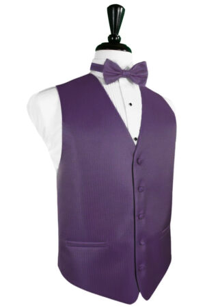 Purple waistcoat with matching bow tie on a white dress shirt displayed on a mannequin (formal vest with front buttons and a small pocket)