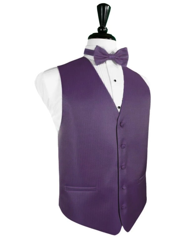 Purple waistcoat with matching bow tie on a white dress shirt displayed on a mannequin (formal vest with front buttons and a small pocket)