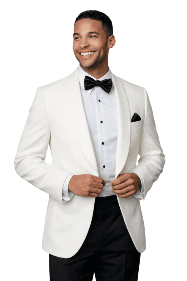 A photo of a man wearing the Premiere Ivory Shawl dinner jacket