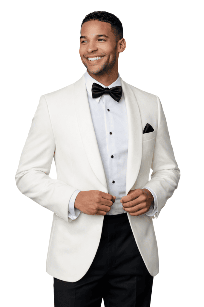 A photo of a man wearing the Premiere Ivory Shawl dinner jacket