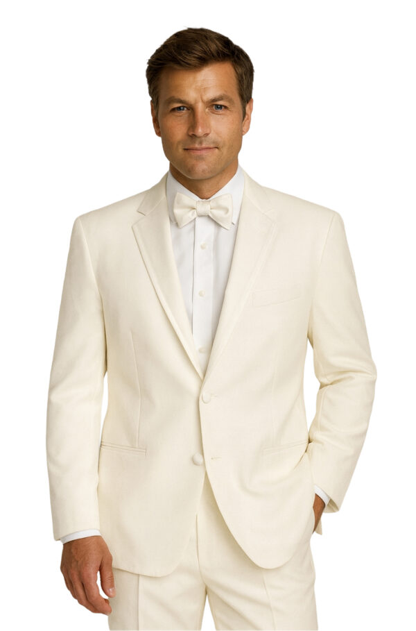 man wearing ivory madison tuxedo rental