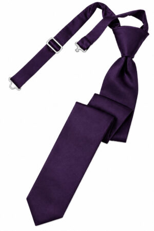 Purple necktie with an adjustable strap and metal clasps laid diagonally on a white background.