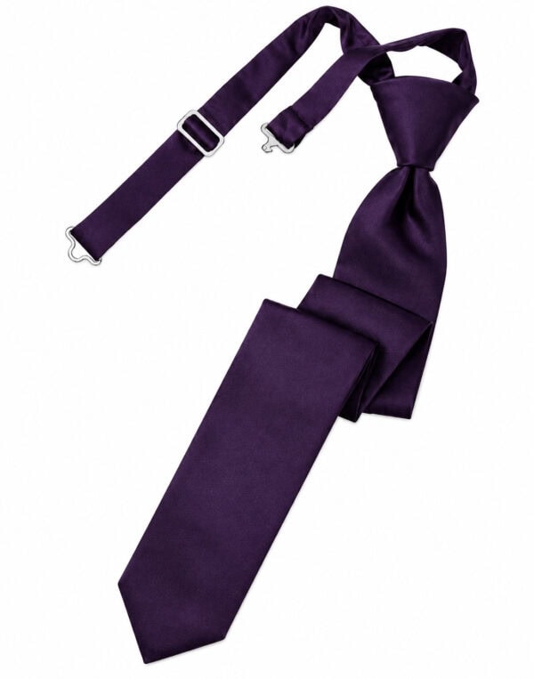 Purple necktie with an adjustable strap and metal clasps laid diagonally on a white background.