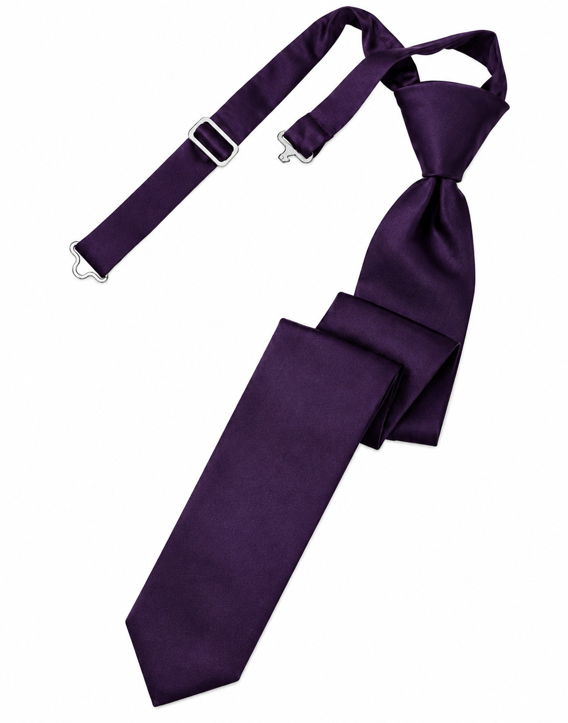 lapis skinny tie | National Tuxedo Rentals Purple necktie with an adjustable strap and metal clasps laid diagonally on a white background.