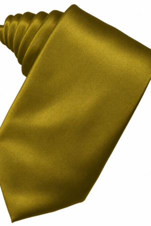 Gold satin necktie laid flat with a subtle sheen, shown diagonally across the frame.