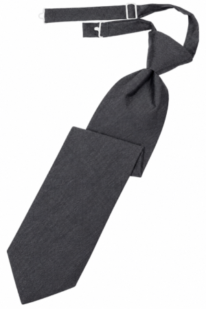 Dark gray textured necktie with a knot and an adjustable strap plus buckle at the top, laid flat against a white background for display.