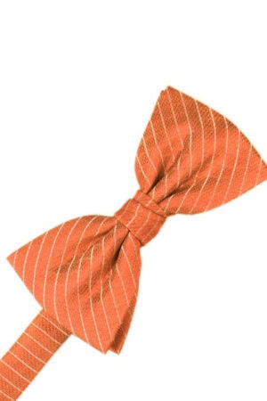 Orange striped bow tie tied in a knot against a white background.