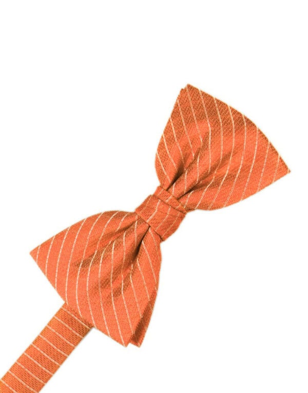 Orange striped bow tie tied in a knot against a white background.
