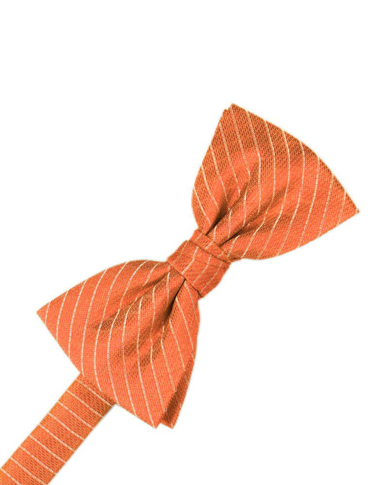 Orange striped bow tie tied in a knot against a white background.
