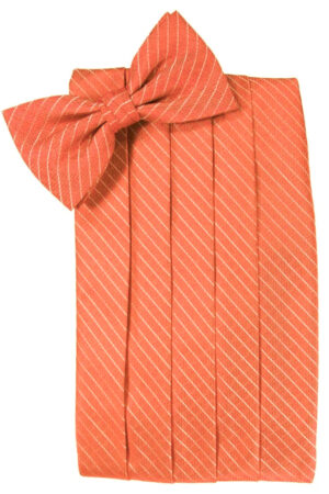 A wrapped orange gift with a matching striped bow on top, set against a white background.