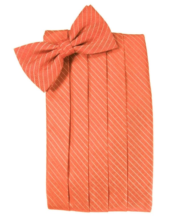 A wrapped orange gift with a matching striped bow on top, set against a white background.