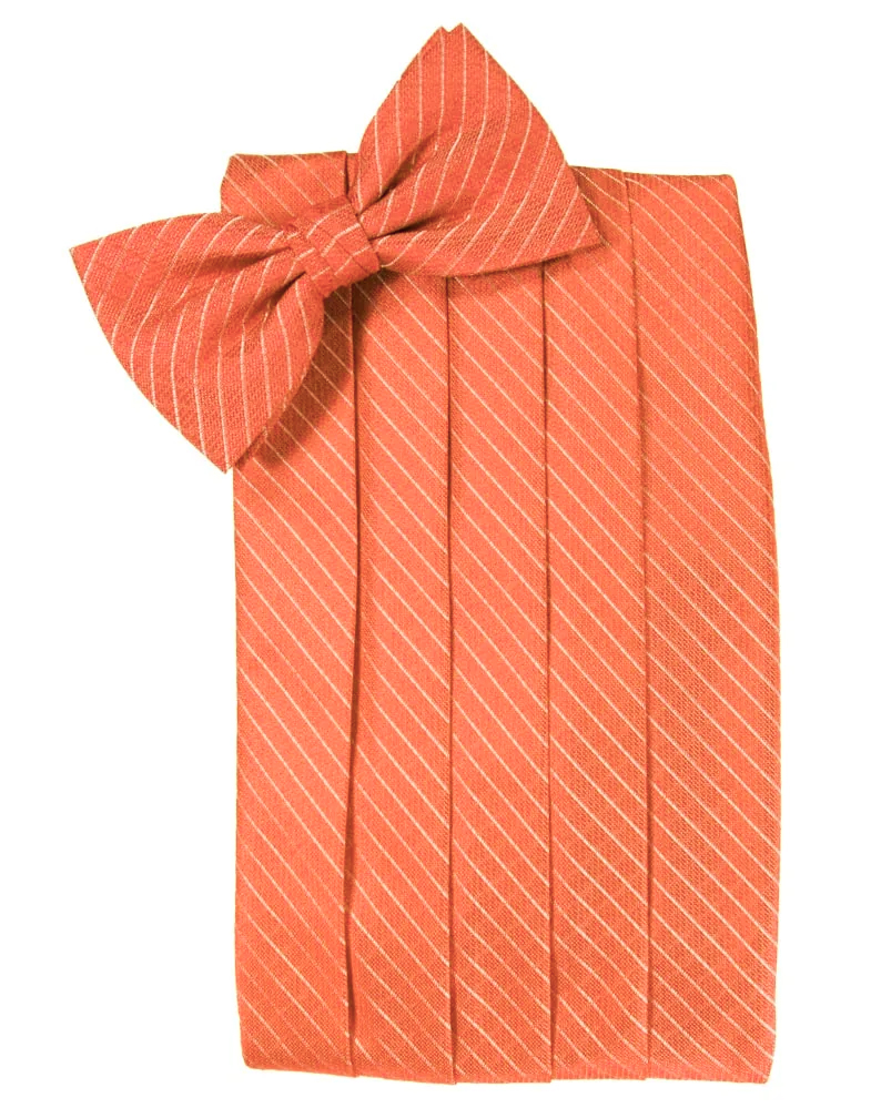 A wrapped orange gift with a matching striped bow on top, set against a white background.