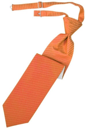 Orange striped necktie laid out with a loose knot and extended ends on a white background, close-up view