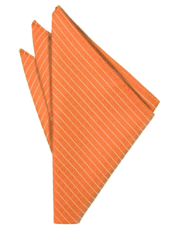 Orange striped cloth napkin neatly folded into a triangular shape for a table setting.