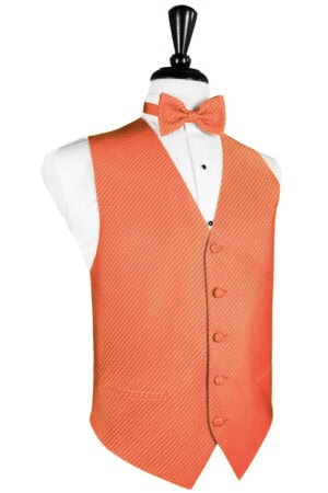 Orange striped formal vest with matching bow tie over a white dress shirt on a mannequin.
