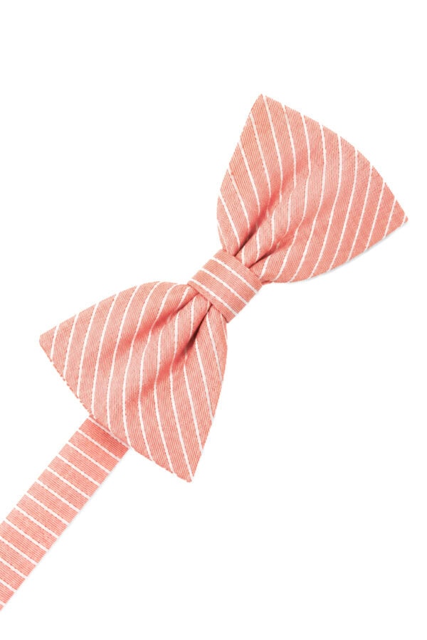 Pink striped bow tie tied in a knot, diagonally oriented on white background.