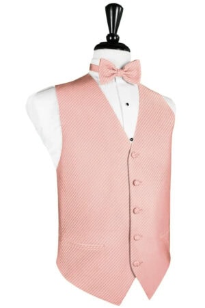 Mannequin wearing a light pink striped waistcoat with matching bow tie and white dress shirt.