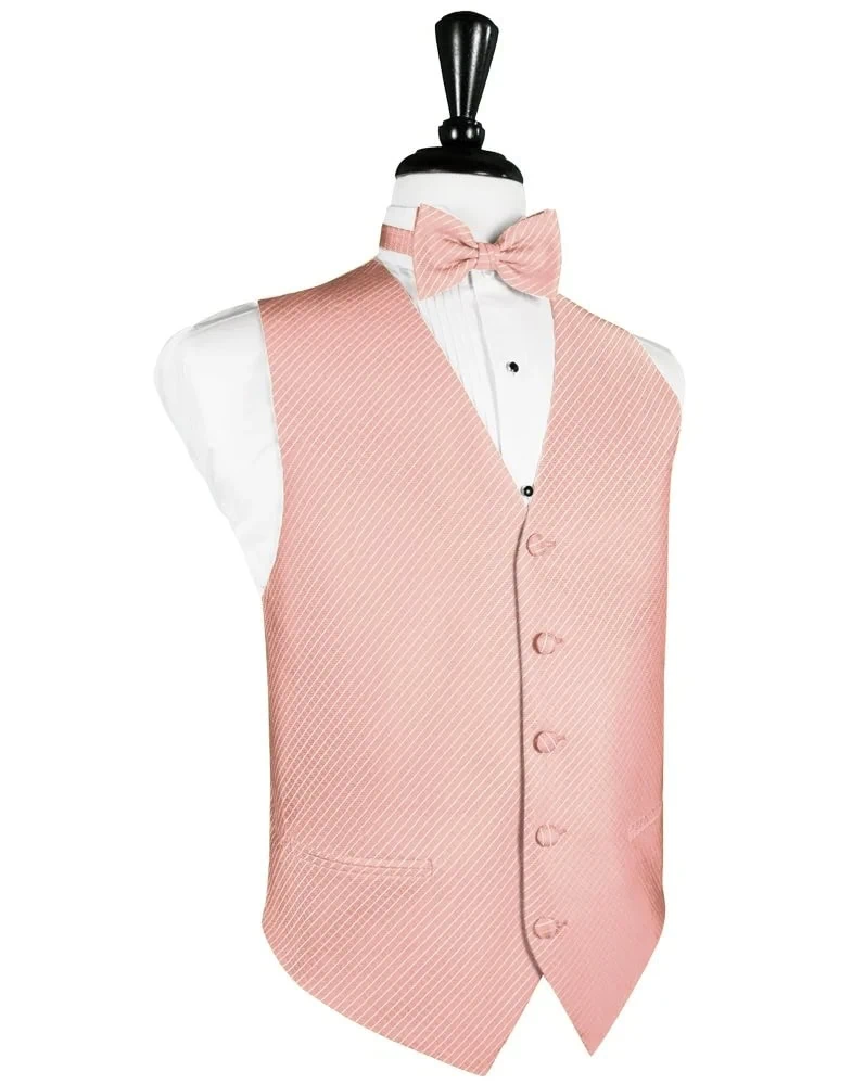 Mannequin wearing a light pink striped waistcoat with matching bow tie and white dress shirt.
